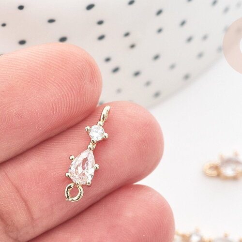 Connecteur goutte et rond laiton doré zircons 17mm, pendentif cristal création bijoux, x1 (g8075)