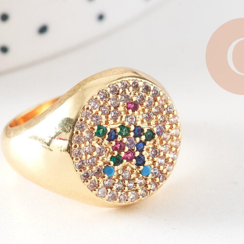 Bague chevalière laiton or zircon 17mm,x1 (g4332)