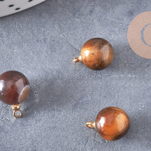 Pendentif goutte rond oeil de tigre naturel, support doré, création bijoux pierre naturelle, pendentif pierre naturelle, 14mm, x1, g4565