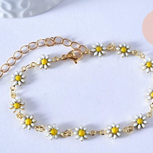 Bracelet laiton et marguerite émaillée, bracelet doré reglable, laiton doré,sans nickel,18.9cm, x1 g4855