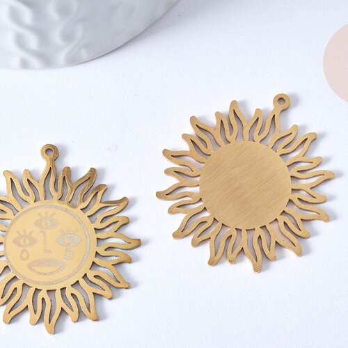 Pendentif soleil mystique acier 201 inoxydable dore 37.5mm, x1 (g5684)