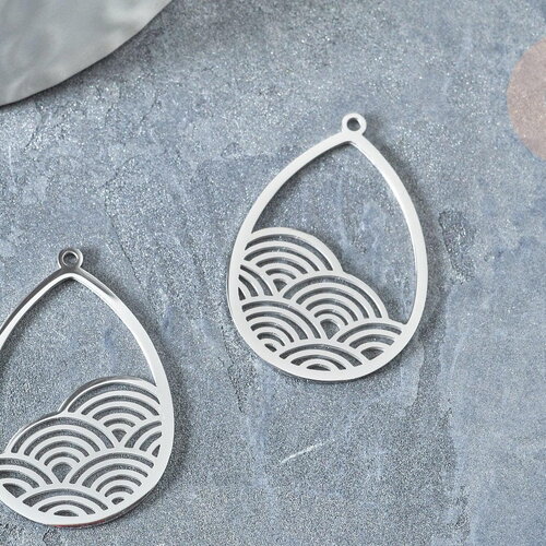 Pendentif acier argenté goutte de pluie 30mm, bijoux acier inoxydable sans nickel, x1 g7612