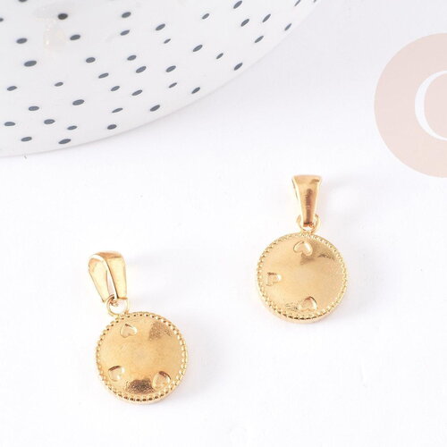 Pendentif médaille ronde petits coeurs acier doré, pendentif doré,sans nickel, acier doré, création bijoux,médaille or,16mm,x1 (g3050)
