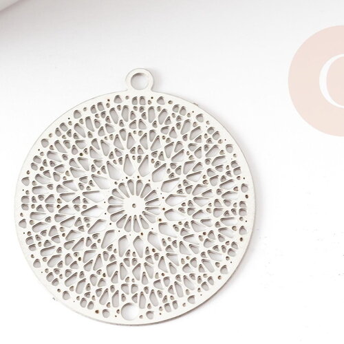 Pendentif estampe filigrane rond acier argent, pendentif très fin et léger, 22x20mm,x2 (g4910)