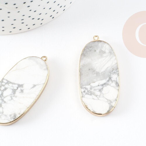 Pendentif ovale howlite blanche, fournitures créatives,pendentif bijoux, pendentif pierre, howlite naturelle, 52mm, x1 g2101