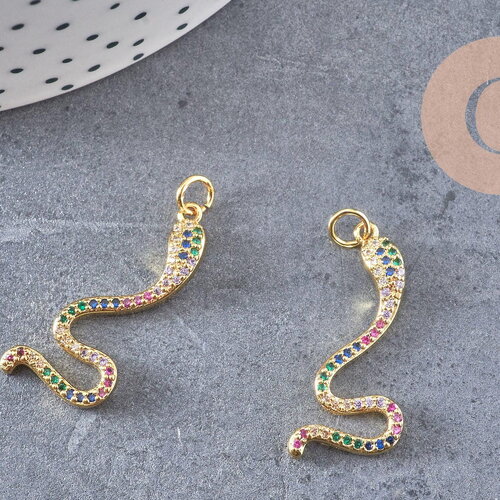 Breloque serpent laiton doré 18k cristal,sans nickel,cadeau anniversaire,pendentif animal, pendentif zircon,27.5mm, x1 (g2419)