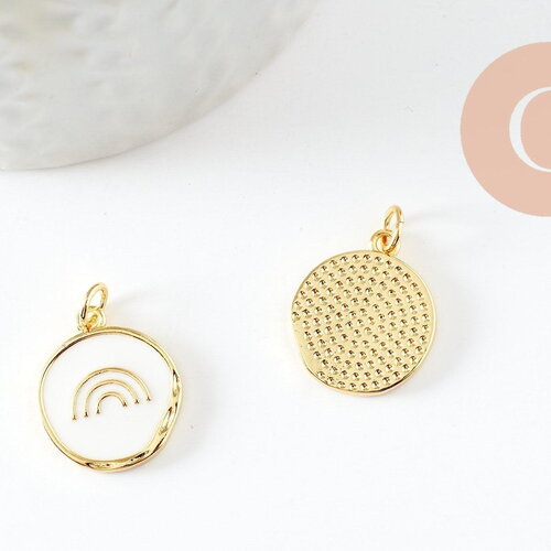Pendentif médaille rond arc-en-ciel émail blanc laiton doré 18mm, x1 (g9733)