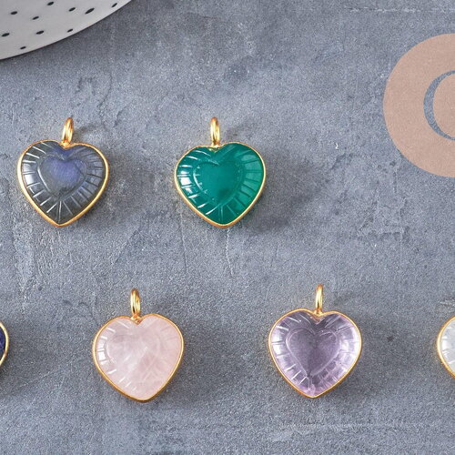 Pendentif coeur gravé pierre naturelle rose naturel argent 925 doré 18k 14mm, x1 (g10843)