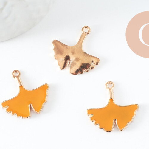 Pendentif feuilles gingko zamac doré émail jaune,breloque laiton feuille gingko pour création bijoux doré, 22.5mm, x2 (g5281)