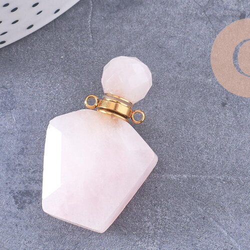 Pendentif bouteille parfum quartz rose naturel acier inoxydable doré 39mm, x1 (g3012)