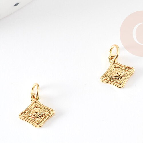 Pendentif médaille losange oeil laiton doré 18k texturé, un pendentif doré sans nickel pour la création,médaille or,10mm, x1 (g4672)