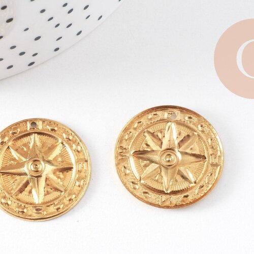 Pendentif médaille ronde soleil laiton brut, un apprêt doré sans nickel, une médaille ronde dorée,25mm,x 2,g3225