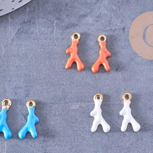 Pendentif corail émaillé orange, bleu ou blanc zamac doré 20mm x2 (g10638)