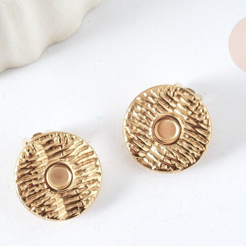 Boucles d'oreilles à clip acier 304 inoxydable doré cabochon rond 16mm, la paire (g7908)