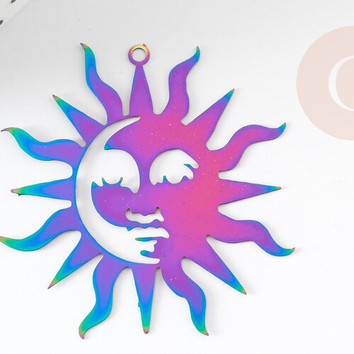 Pendentif soleil arc-en-ciel acier 201 inoxydable dore 40mm,acier inoxydable sans libération de nickel, x1 (g6152)