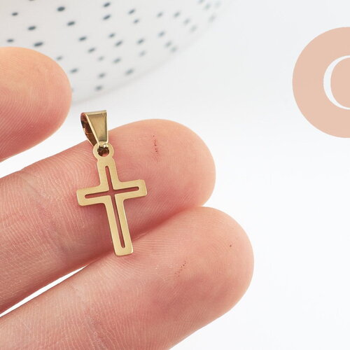 Pendentif croix acier 304 doré inoxydable ip 18mm, x1 g9861