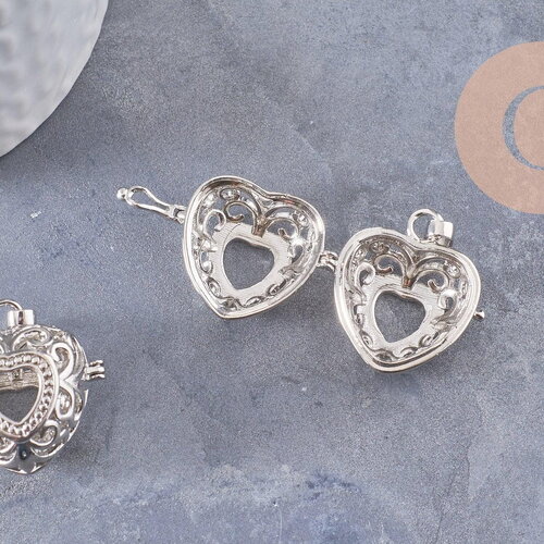 Pendentif coeur bola carillon d'harmonie laiton argenté, bijoux grossesse, vendu sans carillon, 35mm, x1 (g3651)