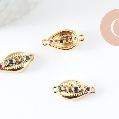 Pendentif cauri laiton doré zircons colorés 15mm, x1 (g4737)