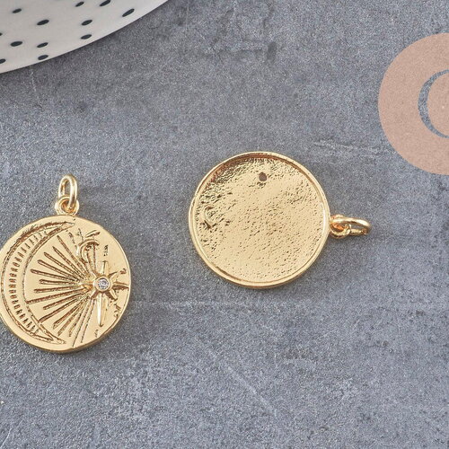 Pendentif lune rond gravé laiton doré 16k étoile zircon 20.5mm, un pendentif doré avec des cristaux pour la création de bijoux, x1 (g5960)