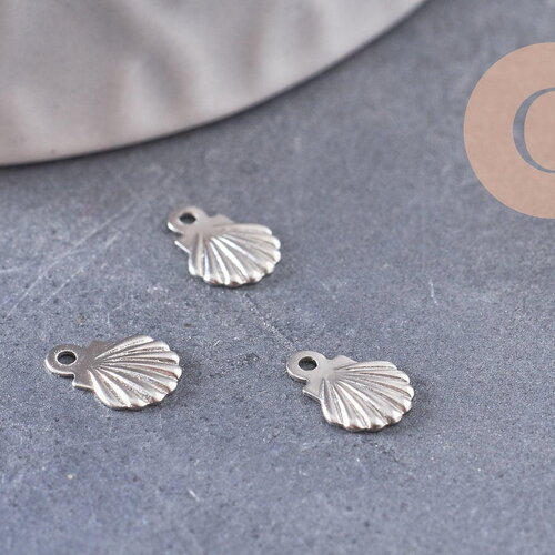 Breloque coquillage acier inoxydable platine 7.5mm, x10 (g4850)