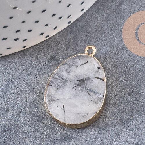 Pendentif ovale quartz gris naturel fer doré 28mm, pendentif pierre naturelle x1 (g1799)