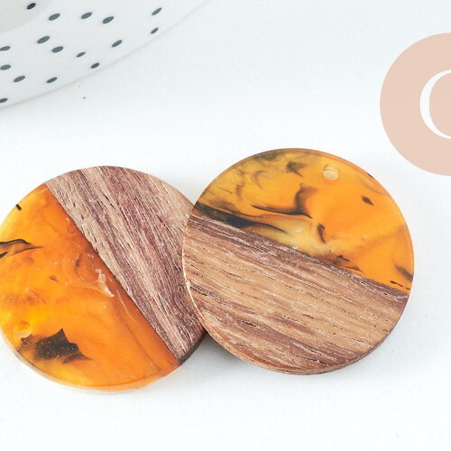 Perle disque bois résine multicolore 28mm,création bijoux bois x2 (g5578)
