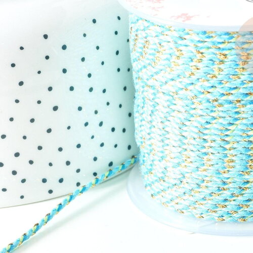 Cordon tressé bleu turquoise fil doré 1.5mm-2mm, x 1mètre g8005