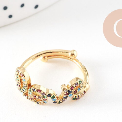 Bague réglable laiton doré love zircons colorés 17mm, x1 (g4329)
