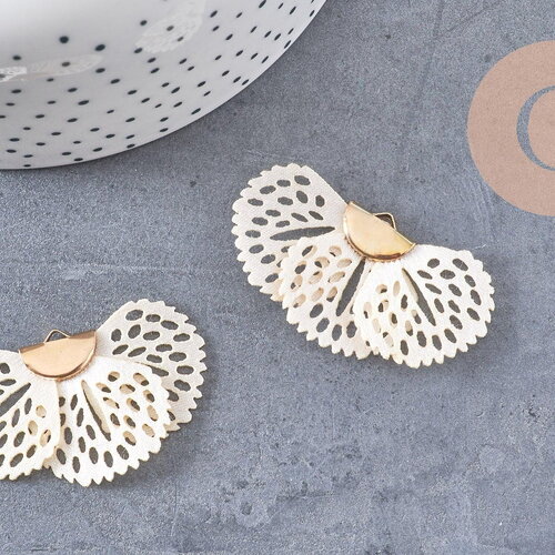 Pendentif fleur tissu soie blanche support doré,pendentif fleur en dentelle de tissu, 25x38mm, x 2 (g4539)