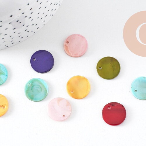 Pendentif pastille ronde nacre multicolore opaque,pendentif nacre, coquillage naturel, nacre naturelle,16mm, x 10 (g2379)