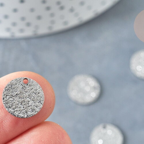 Breloque ronde plate texturée argentée acier 304 inoxydable argentée 12mm, x 10 g8328