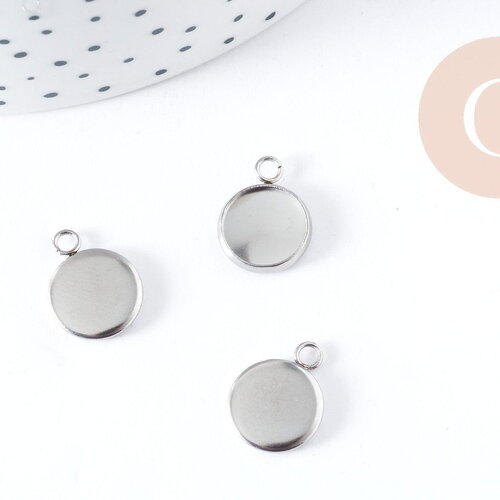 Pendentif rond support cabochon acier 304 inoxydable platine 15mm, x10 (g8940)