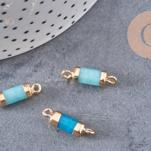 Pendentif connecteur jade bleu tube fer doré 20mm, pendentif bijoux pierre, x1 (g1031)
