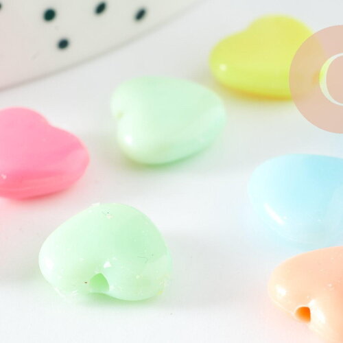Perle coeur plastique multicolore plastel,pendentif acrylique,création bijoux plastique coloré, 12mm, x20 g3373