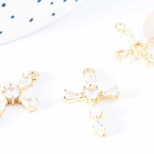 Pendentif croix laiton doré 18k zircons blancs transparents 24mm, création bijoux porte bonheur en zircon, x1 (g6988)