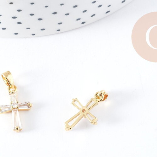 Pendentif croix laiton doré 18k zircons blancs transparents 17mm, création bijoux porte bonheur en zircon, x1 (g8968)