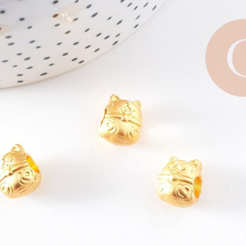 Perle tête de chat porte-bonheur zamac doré mat 12.5mm, x5 (g10251)