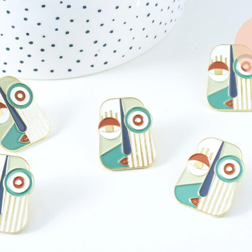 Broche pins visage art moderne doré émail 28x22mm,broche dorée,décoration veste,x1 (g6376)