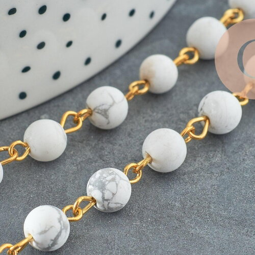 Chaine dorée perle howlite naturelle 6.5mm, chaine pierre, pierre naturelle chaine lunettes, x 1mètre (g4141)