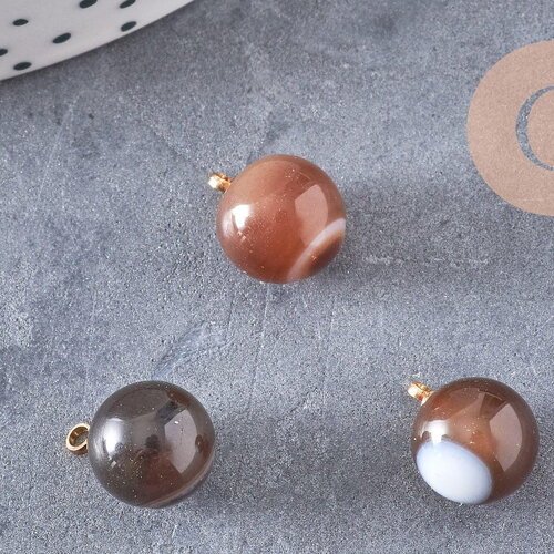 Pendentif goutte rond agate noire rayée laiton doré 14mm, x1 (g4787)