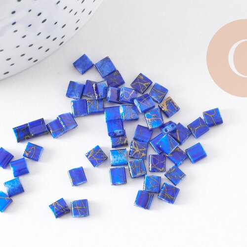 Perles rocaille carré verre rectangle bleu, façon perle tila,4.5mm/2 trous, x50 (g5476)