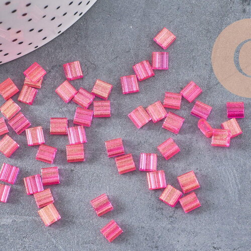 Perles rocaille carré verre rectangle rose fuchsia or nacré façon tila 4.5mm 2 trous, x50 (g4451)