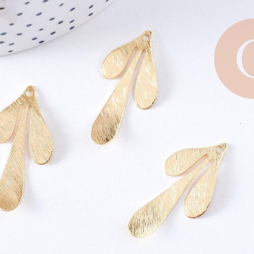 Pendentif feuille brossé laiton doré 18k 35.5mm, x1 (g6259)