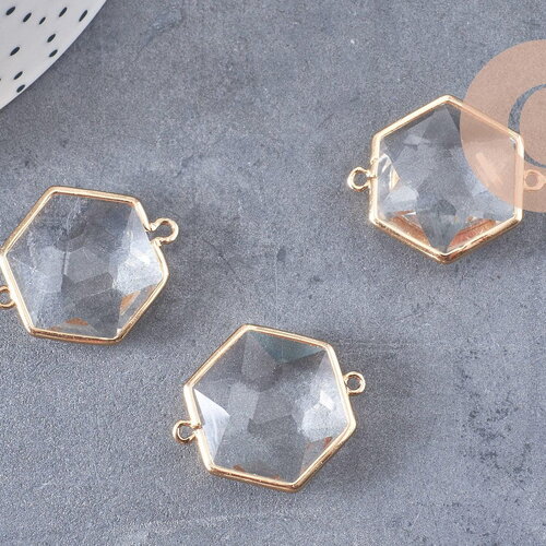 Pendentif connecteur hexagone doré cristal transparent facettes,pendentif cristal, pendentif doré,création bijoux,25.5mm, x 2 (g2647)