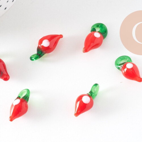 Pendentif fraise fruit rouge verre tchèque 19-21mm, x5 (g4235)