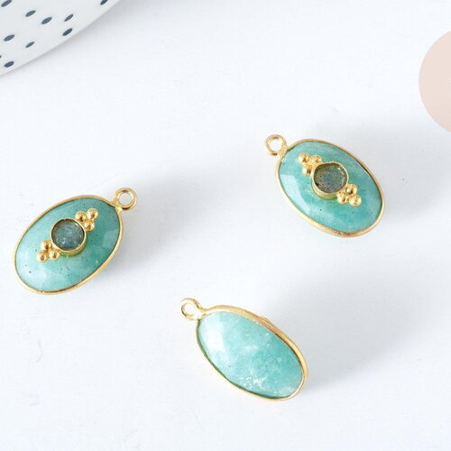 Pendentif ovale amulette amazonite naturelle argent 925 doré 18k 30mm, pendentif pierre naturelle, x1, g7717