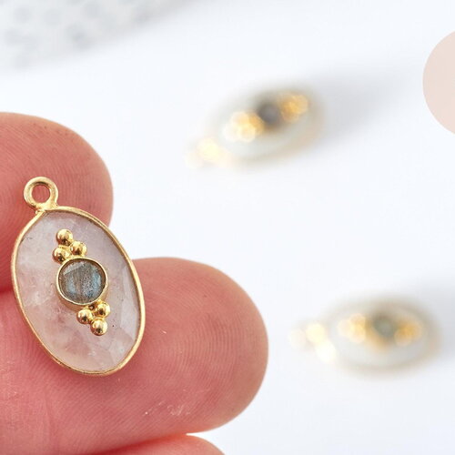 Pendentif ovale amulette pierre de lune naturelle argent 925 doré 18k 30mm, x1 (g7715)