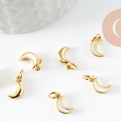 Lune nacre blanche naturelle laiton doré 10x6mm, x1 (g3574)