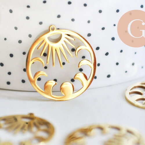 Pendentif rond lune et soleil acier 304 inoxydable doré 30mm, x1 (g6165)