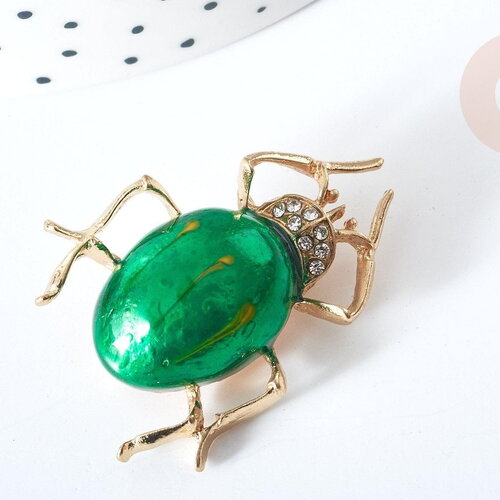 Broche scarabée émail vert zamac doré strass blanc 39x30mm, x1 (g8066)